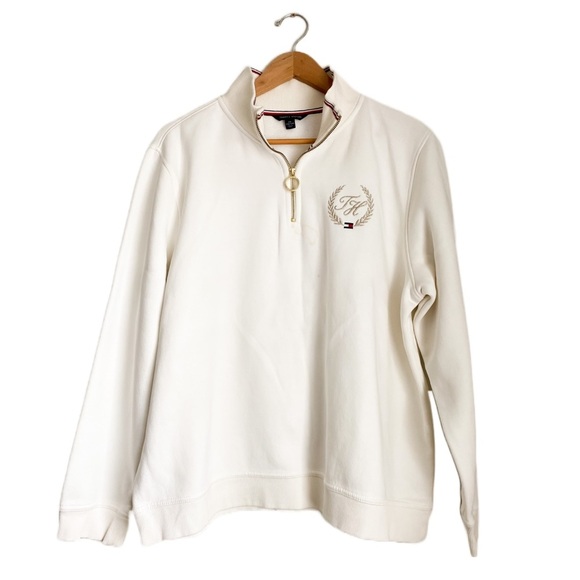 Tommy Hilfiger Logo White Pullover Crew Neck Sweatshirt Popover Zip Preppy XXL - Picture 2 of 9